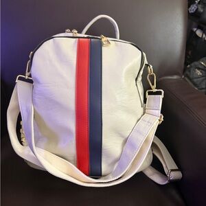 Stylish White Backpack with Red and Blue Stripes